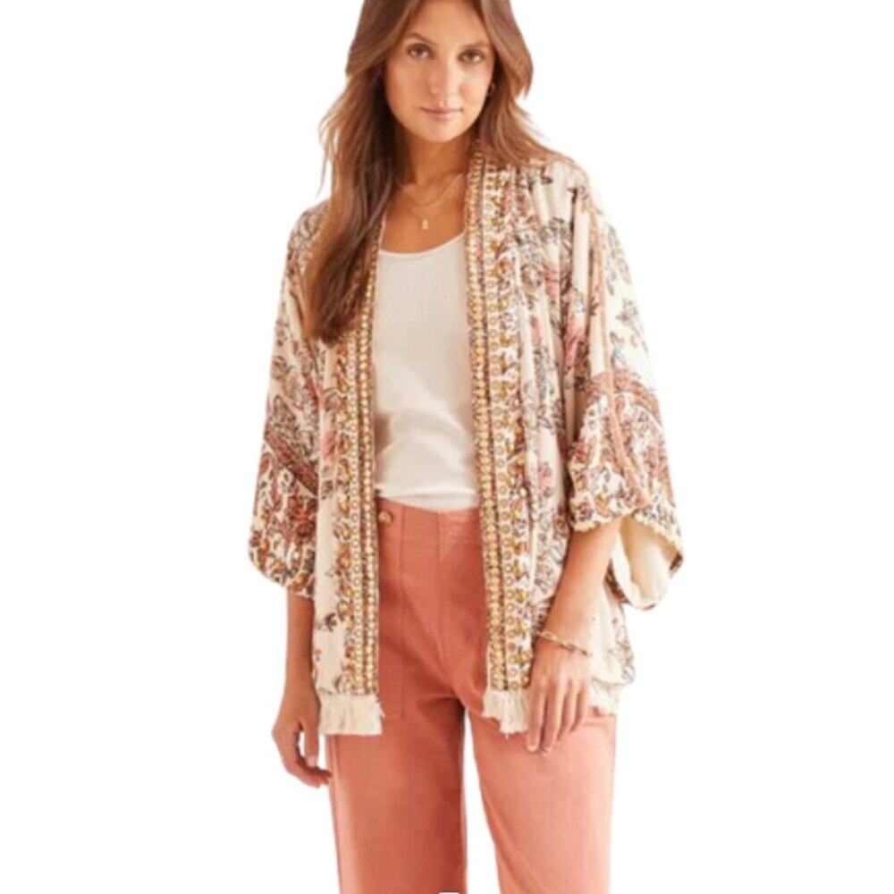 Tribal Rays Of Light Duster Embellished Floral Kimono Cardigan Fringe S/M